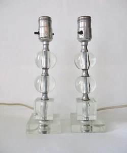 PR Vtg Art Deco Clear Glass Block Square Base Stacked Orbs Vanity Boudoir Lamps - Picture 1 of 8