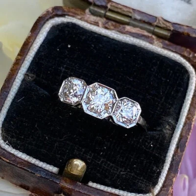 Three Stone 1.75CTW White Round Moissanite Art Deco Wedding 14K White Gold Ring - Image 1 of 4