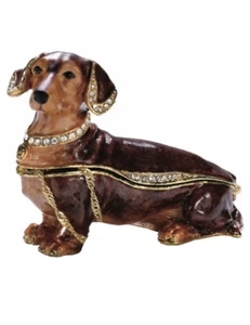 Bejeweled Enamel Trinket Jewelry Box,Top Opens with Magnet,Brown Dachshund, 3907 - Picture 1 of 1