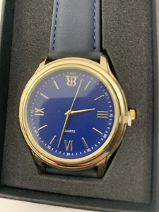 Reloj de cuarzo BTB para hombre caja dorada esfera azul correa de cuero nuevo estilo analógico clásico - Imagen 1 de 12