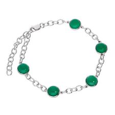 Sterling Silver & Round Genuine Green Agate 9 Inch Anklet