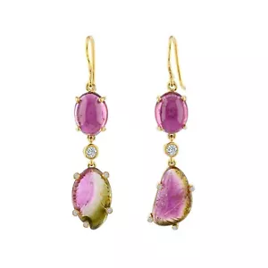 Dangle Watermelon Tourmaline Diamond Solid 14K Yellow Gold Long Hook Earrings - Picture 1 of 11