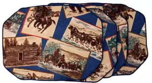 4 Bark Cloth Fabric Placemats Western Southwestern Blue Brown Cowboy 15.5" X 12" - Picture 1 of 8