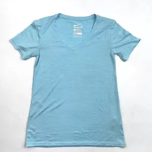 Nike. The Nike Tee Dri-Fit Athletic Fit Aqua Blue V-Neck Running Top T-Shirt S - Picture 1 of 9