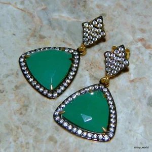 Botswana Agate .925 Sterling Silver plated w. gold handcrafted Earrings 1 3/8" L - Picture 1 of 2
