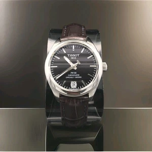 Tissot PR 100 Swiss Automatic Black Dial 33mm Grey Leather Band Strap Date Watch - Picture 1 of 11