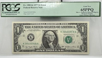 1977 $1 Error Federal Reserve Note PCGS FR 1909-K 65PPQ - Image 1 of 4