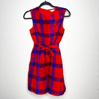 Crewcuts Girls Linen Silk Dress Size 14 Red Blue Plaid Tulle Skirt Fit Flare - Image 1 of 4