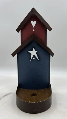 Navy Blue Red Metal Stand Up Candle Holder  Primitive Rustic Style Heart Star - Image 1 of 4