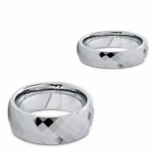 Free Engraving - Tungsten Carbide Facet Cut Squares Wedding Band Ring Set - Picture 1 of 7