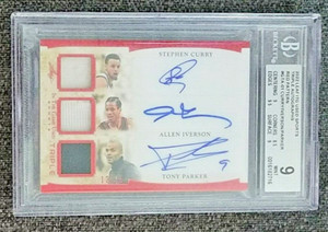 STEPHEN CURRY ALLEN IVERSON TONY PARKER 2022 Leaf ITG Auto Jersey #d/15 BGS 9