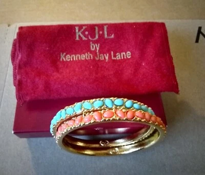 Kenneth Jay Lane KJL Cabujón Imitación Coral y Turquesa Brazalete Conjunto, Bolsa Foto 1 de 4