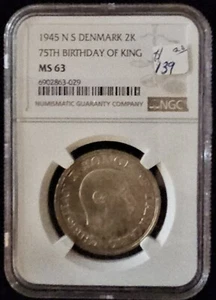 DENMARK. 1945, 2 Kroner, Silver - NGC MS63 - Christian X, 75th Birthday - Picture 1 of 2