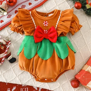Toddler Girl Christmas Romper Short Sleeve Party Princess Bowknot Jumpsuit - Picture 1 of 5