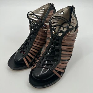 Mea Shadow Sandals Women's US 8.5 Black Taupe Faux Leather Straps Ankle Zip - Picture 1 of 10