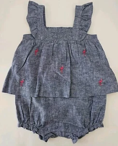 EUC JANIE And JACK Blue Denim One Piece Romper Infant Girl Size 3 - 6 Months - Picture 1 of 10
