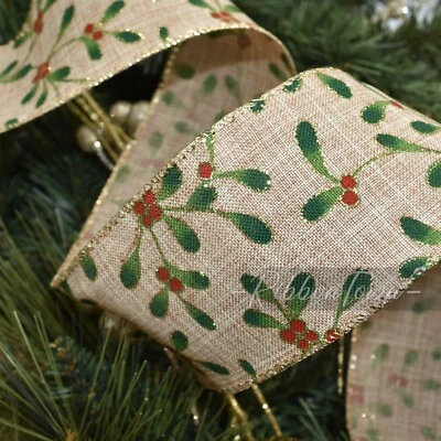 Cinta con cable rústica de muérdago Navidad beige granja 2,5" de ancho x 5 yardas Foto 1 de 2