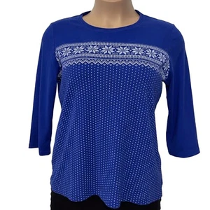 KIM ROGERS Snowflake Top Women XL Blue White Stretchy Knit 3/4 Sleeves Norm Core - Picture 1 of 11