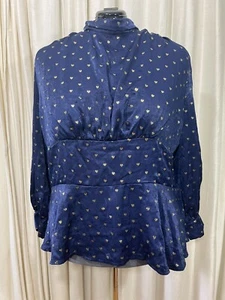 Satin Blouse Navy Gold Heart Print Valentine Puff Sleeves Coquette Plus Size 18 - Picture 1 of 20