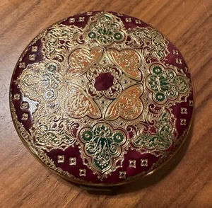 Vintage Compact Makeup Case Mirrored Embossed Leather Powder Puff Burgundy - Picture 1 of 8