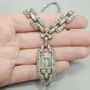 Vintage silberfarben Art Deco Topf Metallpaste Strass Feston Halskette 15 Zoll - Bild 1 von 8