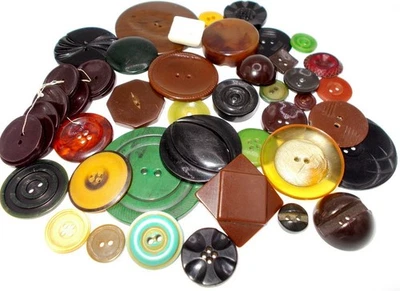 Vintage Bakelite Casein Celluloid Plastic Buttons Carved Molded Coat Lot 48 pcs - Image 1 of 4