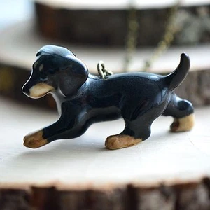 Handbemalte Porzellan Dackel Halskette Antik Bronze Kette Keramik Hund - Bild 1 von 1