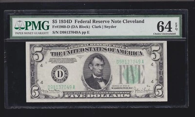 US 1934D $5 FRN Cleveland FR 1960-D PMG 64 EPQ V Ch CU (049) - Image 1 of 2