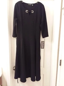 Women's NWT Black Nina Leonard Long Midi Dress 3/4 LS Goldtone Accents Size M - Picture 1 of 4
