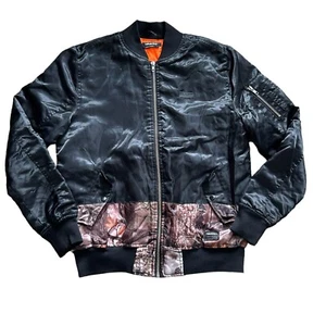 Trukfit Mens Jacket Small Black Satin Bomber Full Zip Snap Pocket Camouflage - Picture 1 of 15