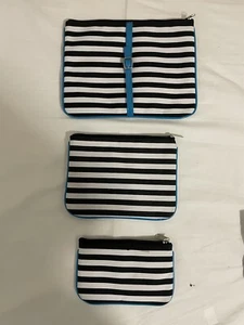 Nordstrom Black White Blue Stripe Cosmetic Makeup Travel Bags Set of 3 - e31 - Picture 1 of 6