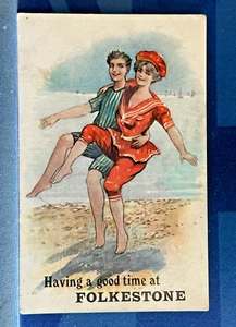 Saucy FOLKESTONE Comic Postcard 1912 Bathing Beauty Legs HAVING A GOOD TIME - Picture 1 of 2