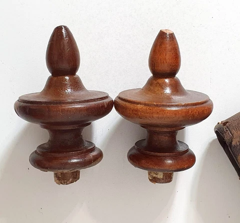2 Antique French turned wood post finial for pediment , furniture , clock , bed Cover