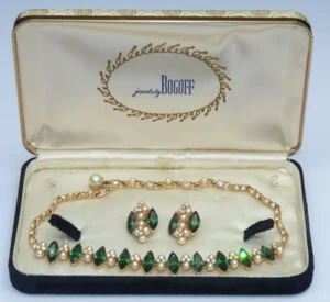 Conjunto Collar Pendientes De Colección BOGOFF PARURE Firmado Verde Esmeralda Estrás Perlas - Imagen 1 de 10