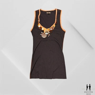 Camiseta sin mangas Rozae Nichols algodón cuero cuentas S pequeña marrón beige cuero acento Foto 1 de 4