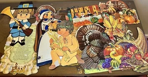 Vintage 80er Thanksgiving-Herbst Papier gestanzt Wanddeko Lot, Pilger, Indianer, Türkei - Bild 1 von 7