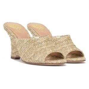 New Vince Camuto Vilty Cork Flared Wedge Sandals Slip On Peep Toe Straw 11M - Picture 1 of 8