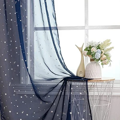  Cortinas transparentes estrella azul marino para niños 52" W x 63" L (paquete de 2) azul y plata Foto 1 de 4