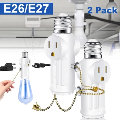 2Pcs E26/E27 Bulb Splitter 3 Prong Light Socket To Plug Adapter with Pull Chain - Image 1 of 4