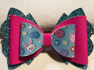 EASTER 3 LAYERED HAIR BOWS, MULTICOLOR WITH EASTER EGGS, 4" X 3", HOMEMADE - Picture 1 of 3