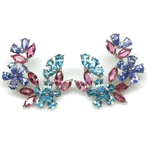 Gema Azul Tanzanita, Topacio & Turmalina Pendientes 925 Plata Oro Blanco - Imagen 1 de 4