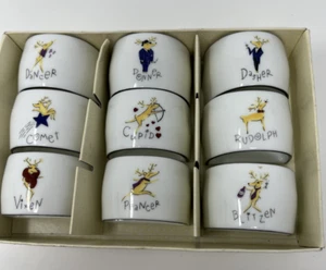Pottery Barn Box Set of 9 Porcelain Reindeer Christmas Napkin Rings Japan - Picture 1 of 9