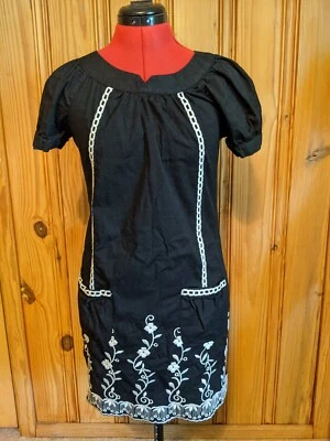 Vestido Rhapsody Negro Bordado Campesino Algodón Manga Abullonada Piquetes Mediano M Foto 1 de 4