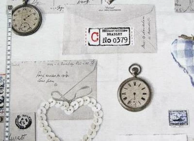 CANVAS Stoff Baumwolle Dekostoff VINTAGE Erinnerung Briefe Natur Blau EUR11,98/m - Bild 1 von 2