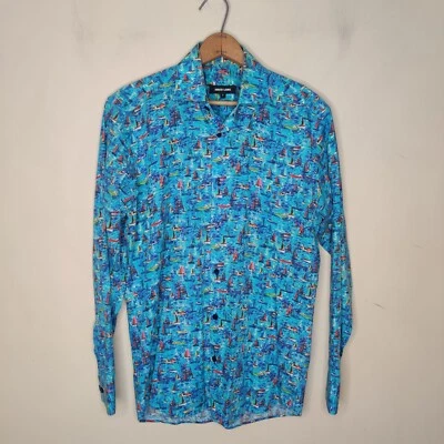 Jared Lang Mens Button Up Shirt Small Saiboat Print Blue Cotton Ocean Nautical - Image 1 of 4