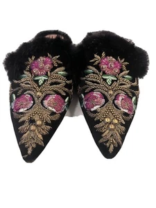 ALBERTA FERRETI Embellished Embroidered Velvet Fur Trimmed Flats SZ 9 US 39 EU - Picture 1 of 8