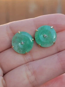 VINTAGE 14K GELBGOLD GRÜNE JADE & DIAMANT OHRSTECKER - Bild 1 von 7