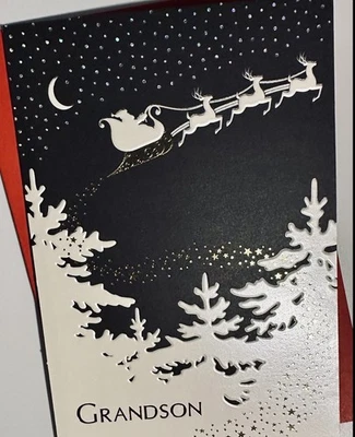  MERRY CHRISTMAS GRANDSON GREETING CARD * XMAS EVE/SANTA SLEIGH REINDEER/SPARKLE - Image 1 of 2