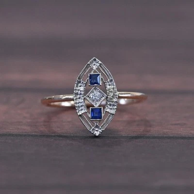 Sapphire & Diamond Navette Art Deco Pin Conversion Ring in 14k Gold & Platinum - Image 1 of 4