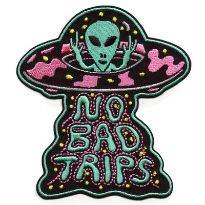 Killer Acid No Bad Trips Patch Trippy Alien UFO Embroidered Iron On Patch - Image 1 of 2